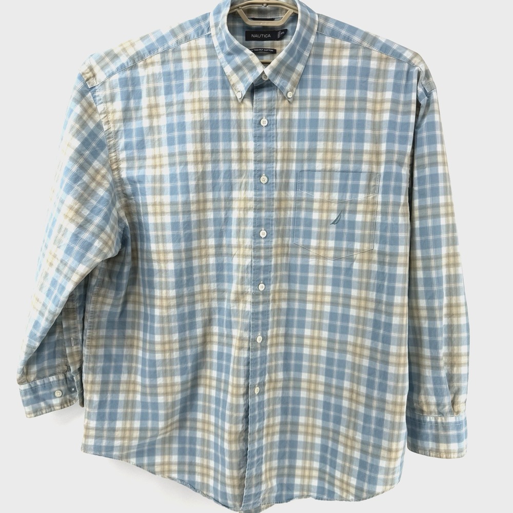 Nautica Men's 80s 2 ply cotton plaid button shirt long sleeve XXL Blue/White/Tan - Picture 2 of 8